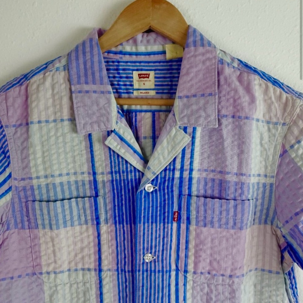 Levi's Purple and Blue Plaid Seersucker Camp Collar Shirt